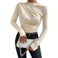 thumbnail image 2 of Deago Women's Pleated Long Sleeve Mock Neck T Shirts Casual Slim Fit Fall Tops Basic Business Work Tee (Beige, S), 2 of 6