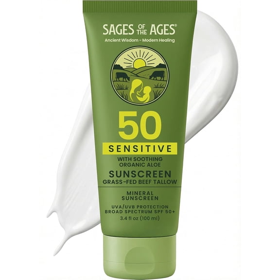 Sages Nutrition Sensitive Mineral Sunscreen SPF 50 with Non-Nano Zinc Oxide — Reef Safe UVA/UVB Broad Spectrum Sunblock, Water Resistant 80 Min, Moisturizing Tallow Lotion for Face & Body, 3.4 fl oz