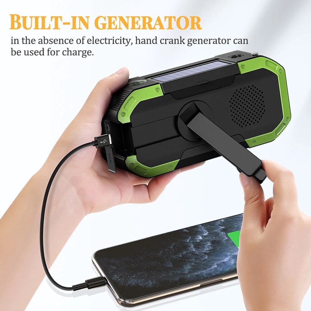Portable Radio Hand Crank Radio Receiver Multifunction IPX6 Waterproof Outdoor Emergency Radio BT Speaker FM & LED Light