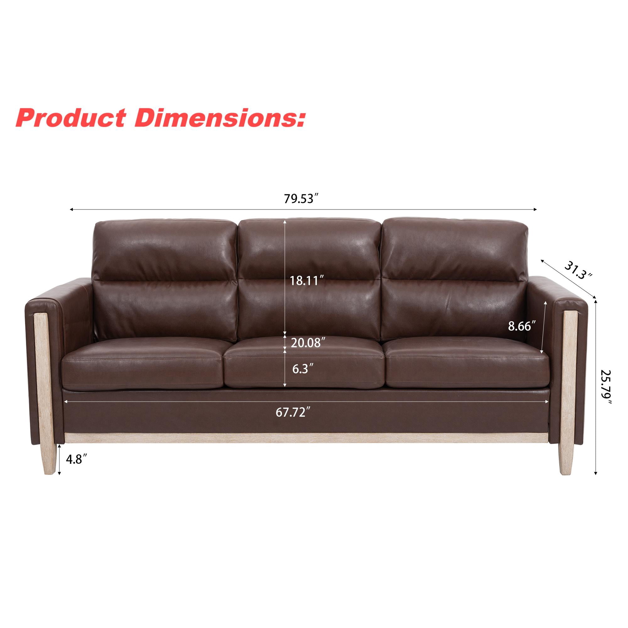 PU Leather 3 Seater Sofa,79.5" Mid Century Modern Upholstered Sofa Couch with 2 Side Storage Pockets,for Living Room,PU Brown