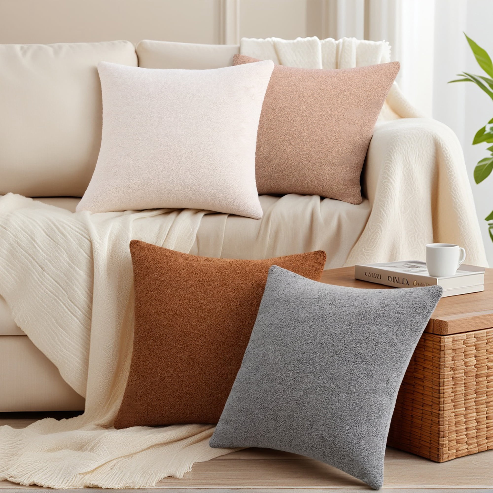 REGALWOVEN Set of 2 Throw Pillow Covers Solid Soft Cushion Pillow Covers for Sofa Living Room Light Brown 18" x 18"