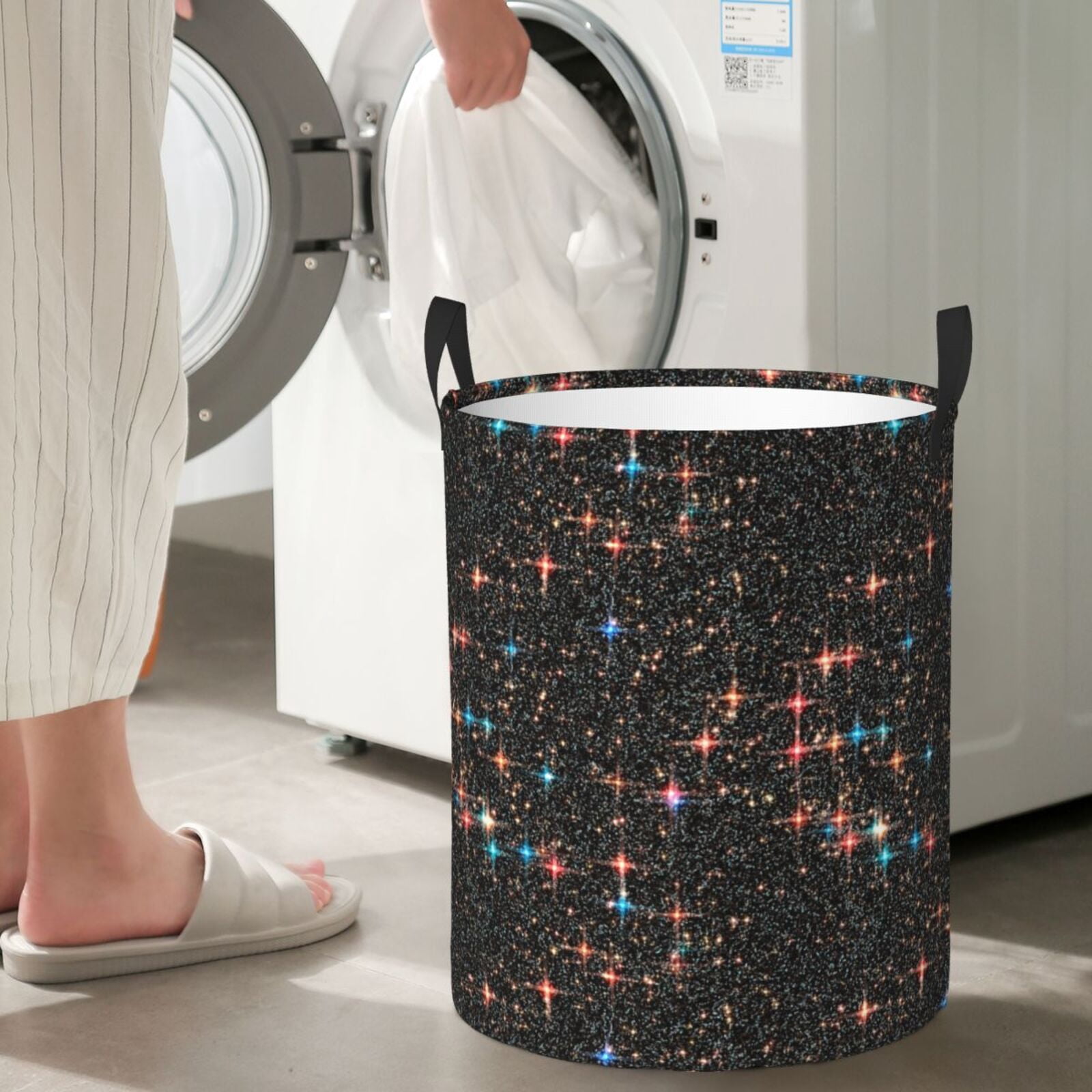 Large Laundry Basket with Handles - Glitter galaxy sky night black starry Kids Baby Dirty Clothes Laundry Hamper for Bedroom Aesthetic