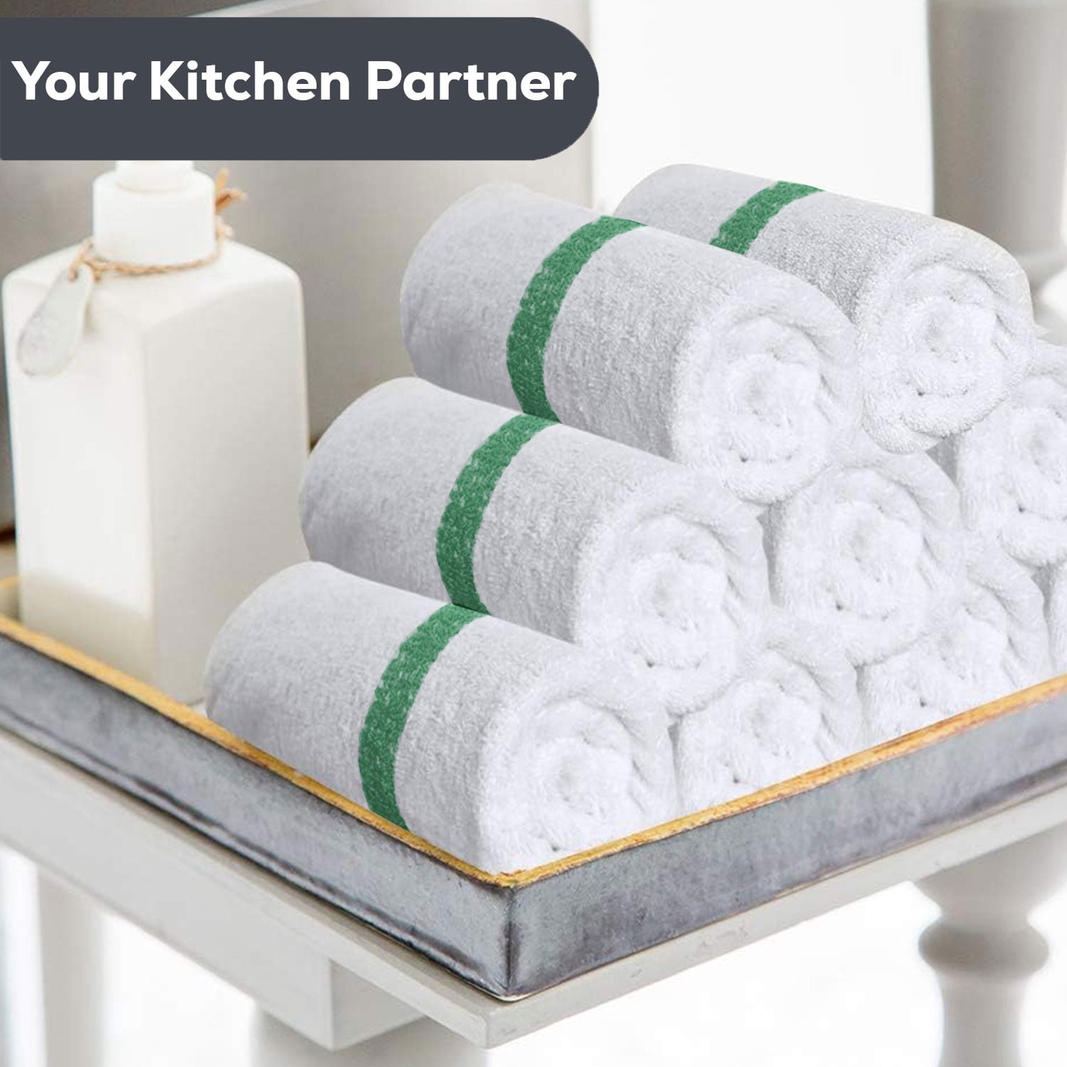 GOLD TEXTILES 12 PC Cotton Blend White Bar Mops 16x19" Green Stripe Kitchen Towels for Restaurant & Commercial Use