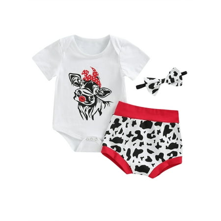 

Sunisery Newborn Baby Girls Summer Outfits Short Sleeve Cow Head Printed Romper Shorts Headband Clothes Set White 0-6 Months