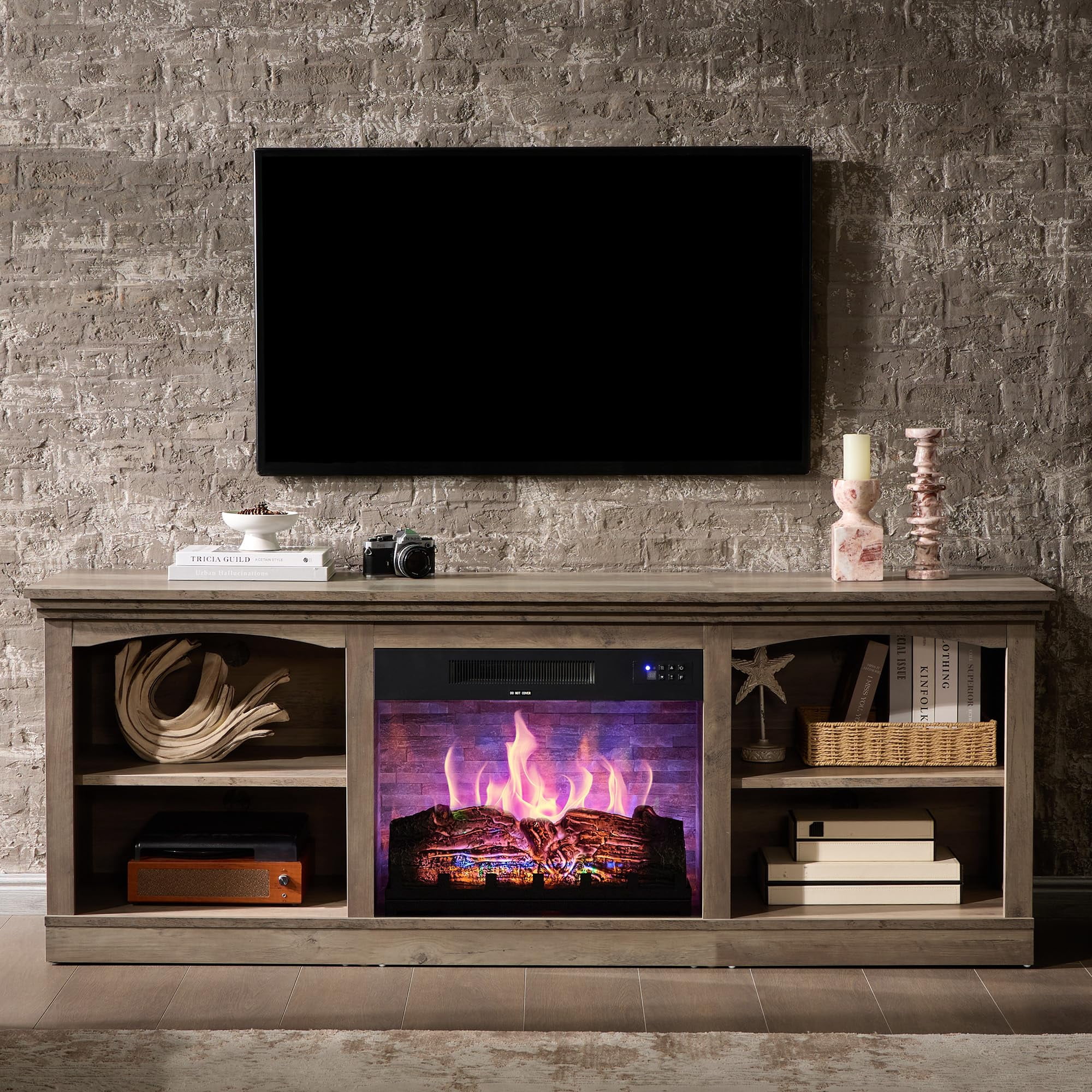 Merluxy 70" Fireplace TV Stand for TVs up to 80", Farmhouse Entertainment Center with 23" Electric Fireplace, Rustic Grey