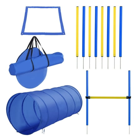 4PC Obstacle Dog Agility Training Course with Jump Hurdle  Tunnel  Pause Box  Weave Poles and Carrying Bag  Backyard Competitive Equipment- Blue/Yellow Blue + Polyester