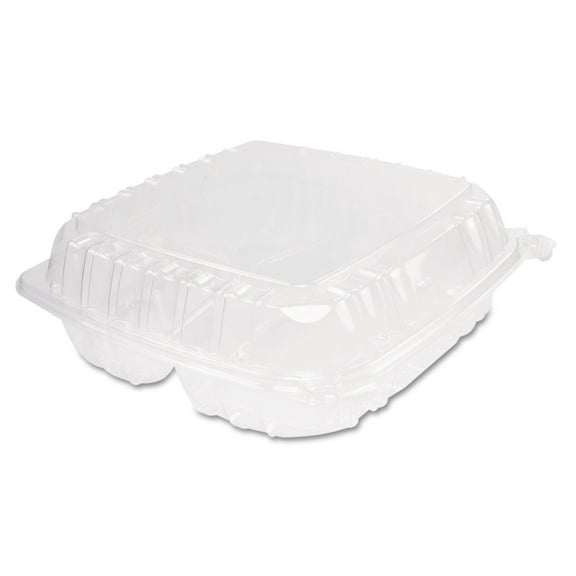 Dart ClearSeal Hinged-Lid Plastic Containers, 3-Compartment, 9.4 x 8.9 x 3, Plastic, 100/Bag, 2 Bags/Carton