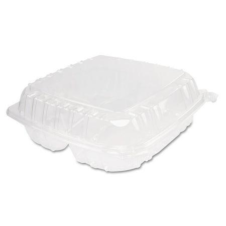 Dart ClearSeal Hinged-Lid Plastic Containers, 3-Compartment, 9.4 x 8.9 x 3, Plastic, 100/Bag, 2 Bags/Carton