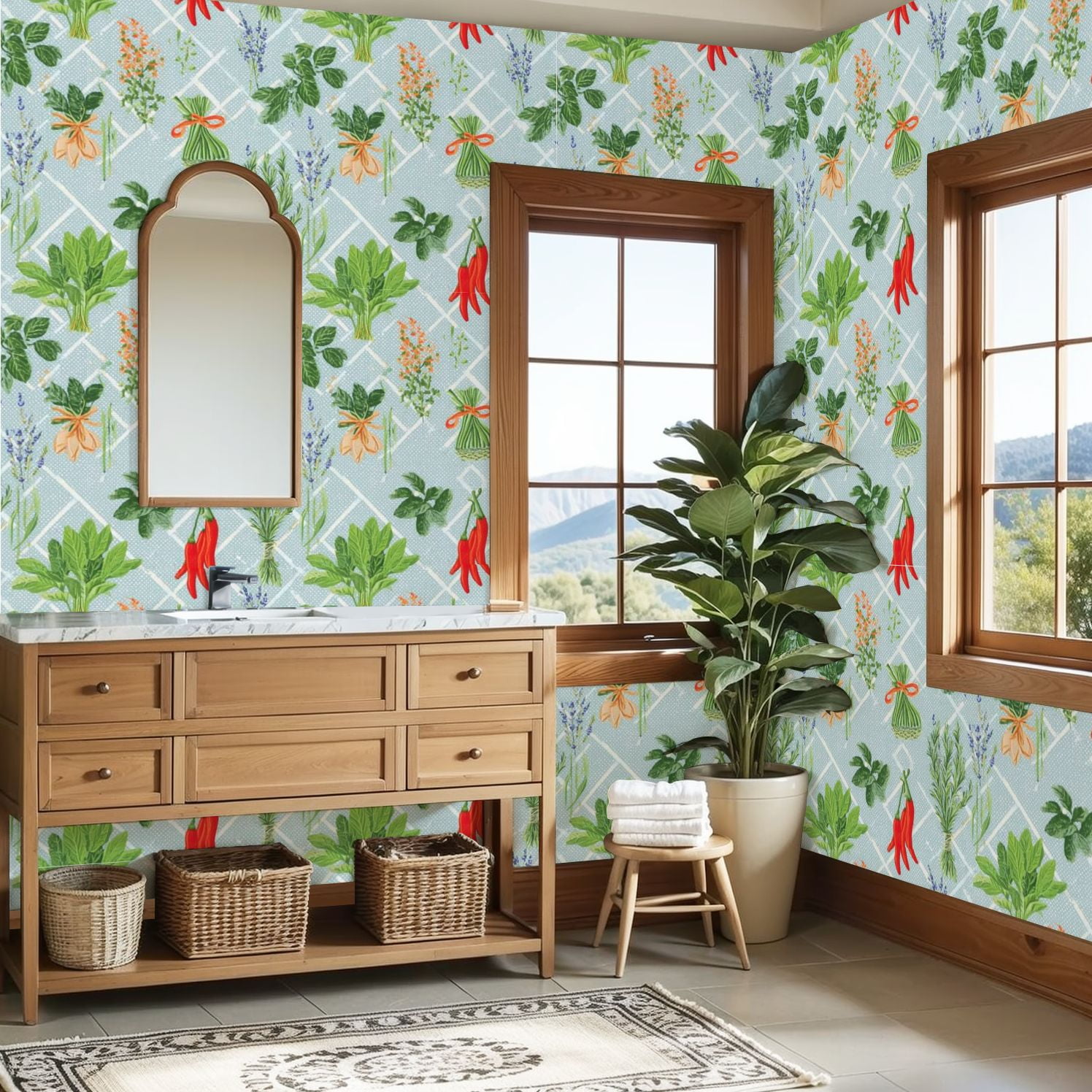 Modern Peel and Stick Wallpaper 23.6in x 9.8ft Herb Spice Fresh Greenery Chili Peppers Lavender Blue Contact Paper Self-Adhesive Removable Wall Paper for Bedroom Kitchen Cabinet Renter Friendly