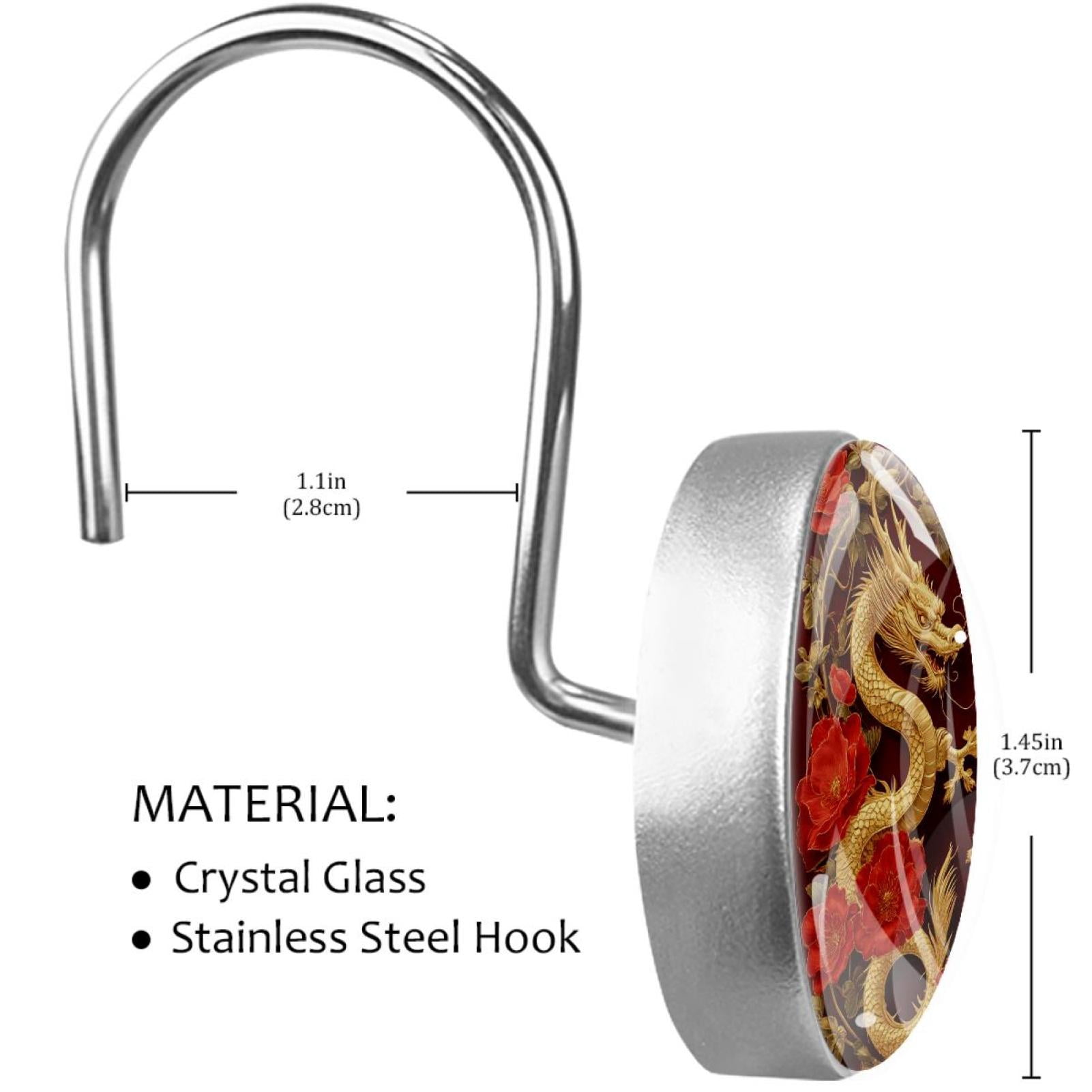 Gold Dragons Poppies Branch Shower Curtain Hooks Round Crystal Glass, Set of 12 Shower Curtain Rings - Shower Hooks for Curtain Shower Rings