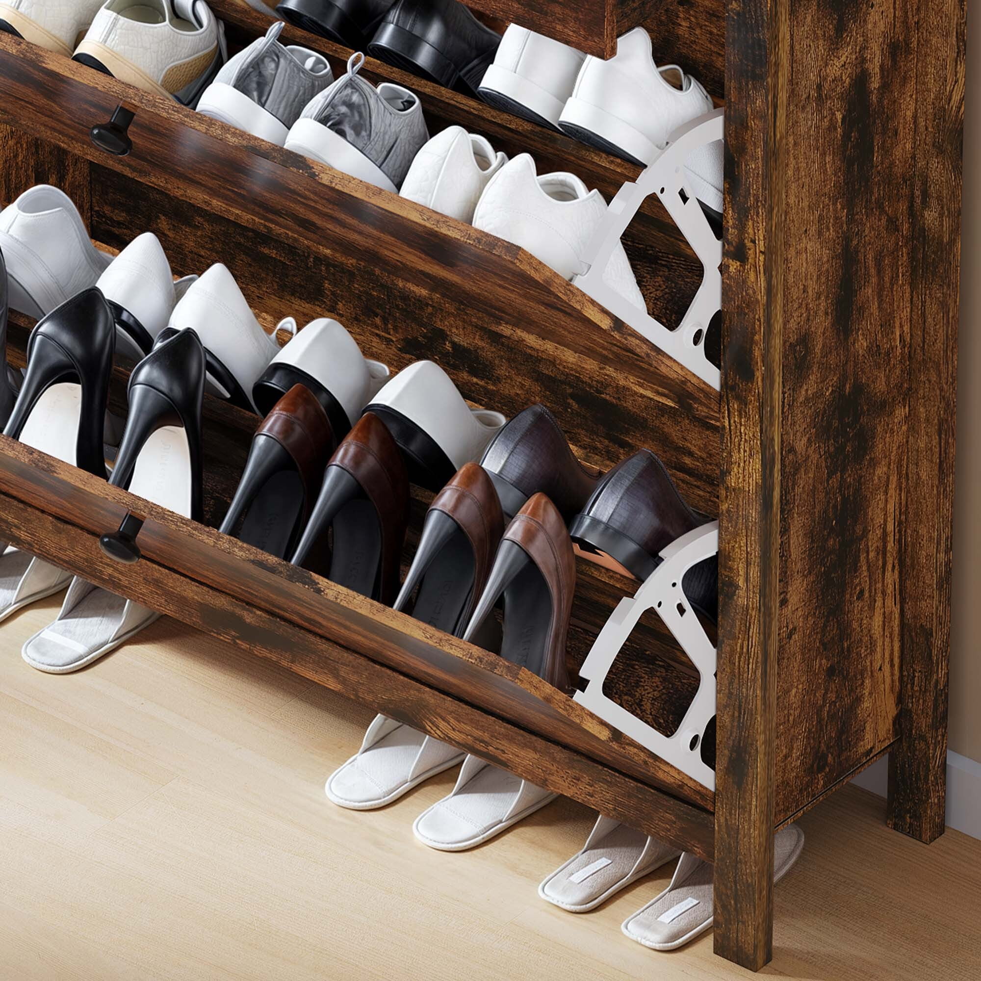 Uforic Shoe Cabinet with 2 Flip Drawers, Hidden Shoe Storage Rack Organizer, Brown