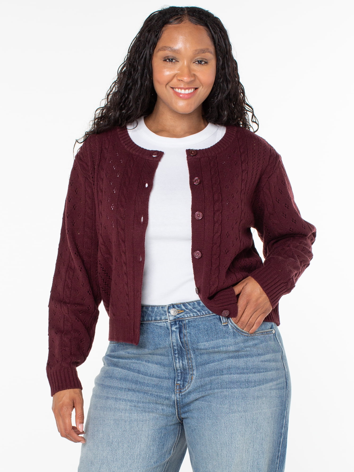 Celebrity Pink Women's Pointelle Crew Neck Cardigan Sweater, Sizes XS-4X