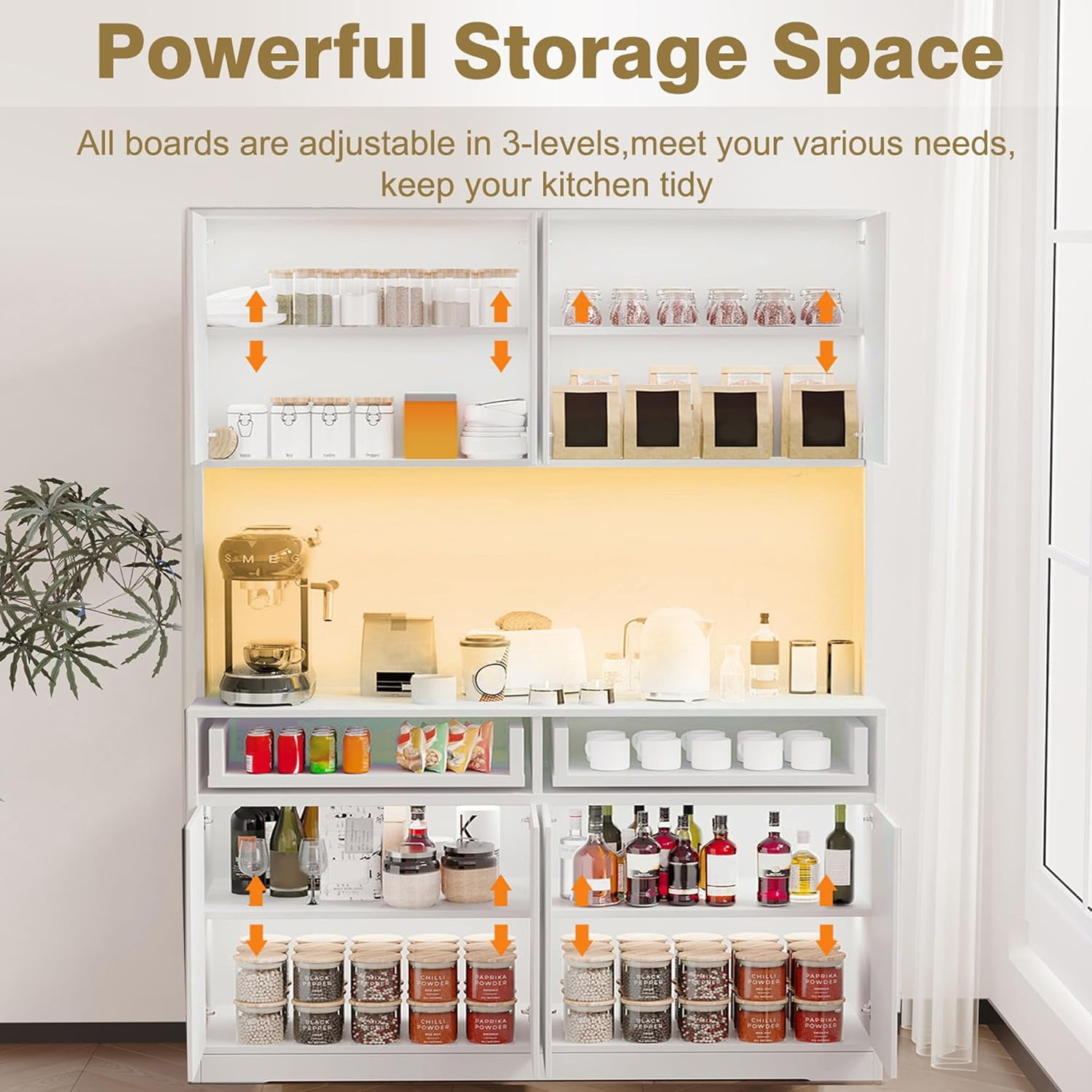 71'' Tall Coffee Bar Cabinet with LED Light & Power Charging Station, 47"W Modern Kitchen Pantry Hutch w/ 8-Door Storage Cabinet & 2 Drawers 4 Adjustable Shelves