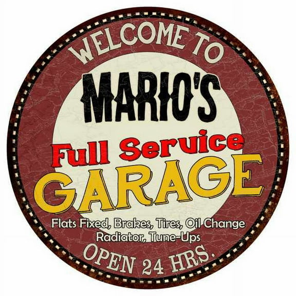 Mario's Full Service Garage 14" Round Metal Sign Man Cave Decor 100140037205