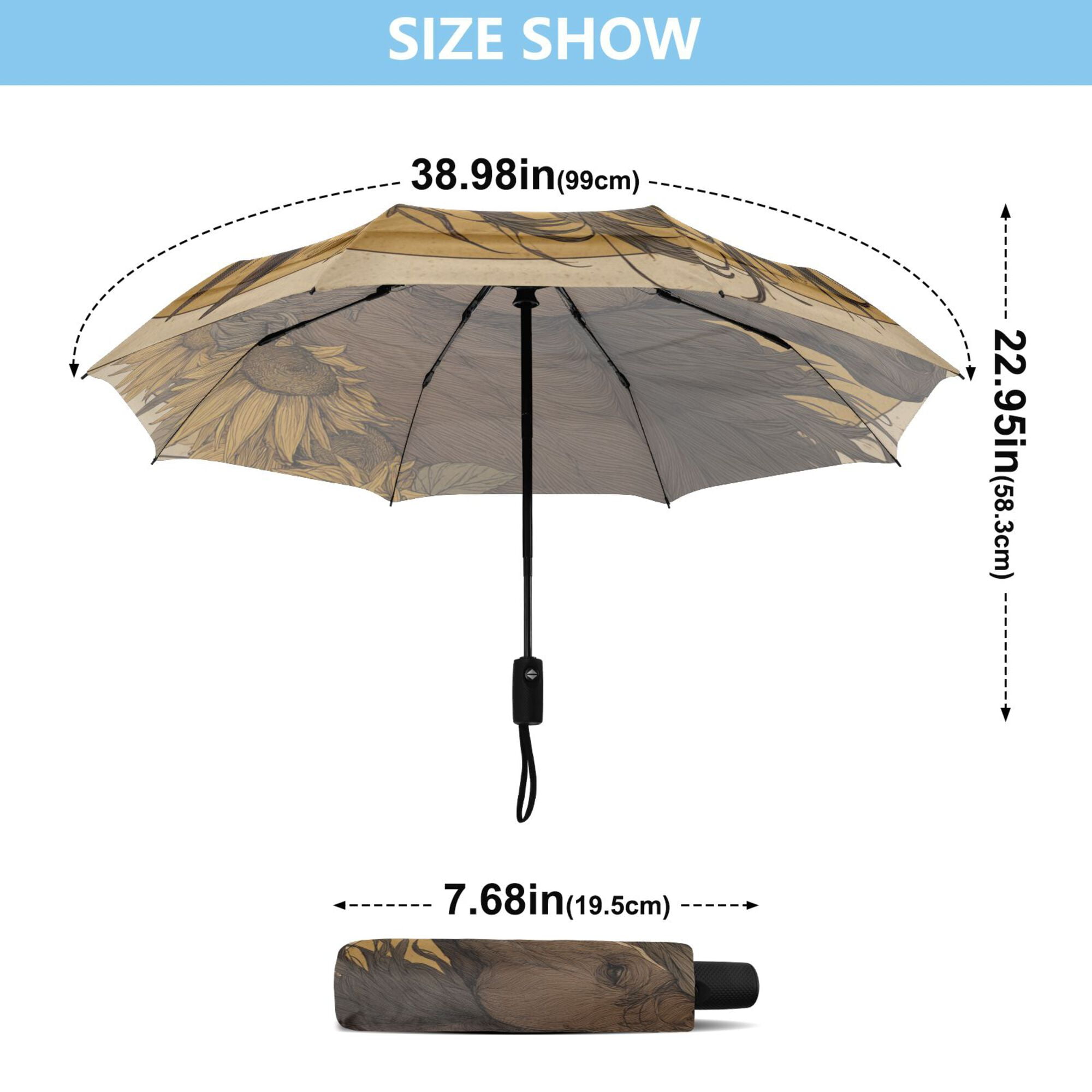 21" Inch Auto Open Close Folding Umbrella Windproof Waterproof Full Print 8-Rib Compact Travel Umbrella for Rainy Days Brown Horse with Sunflower