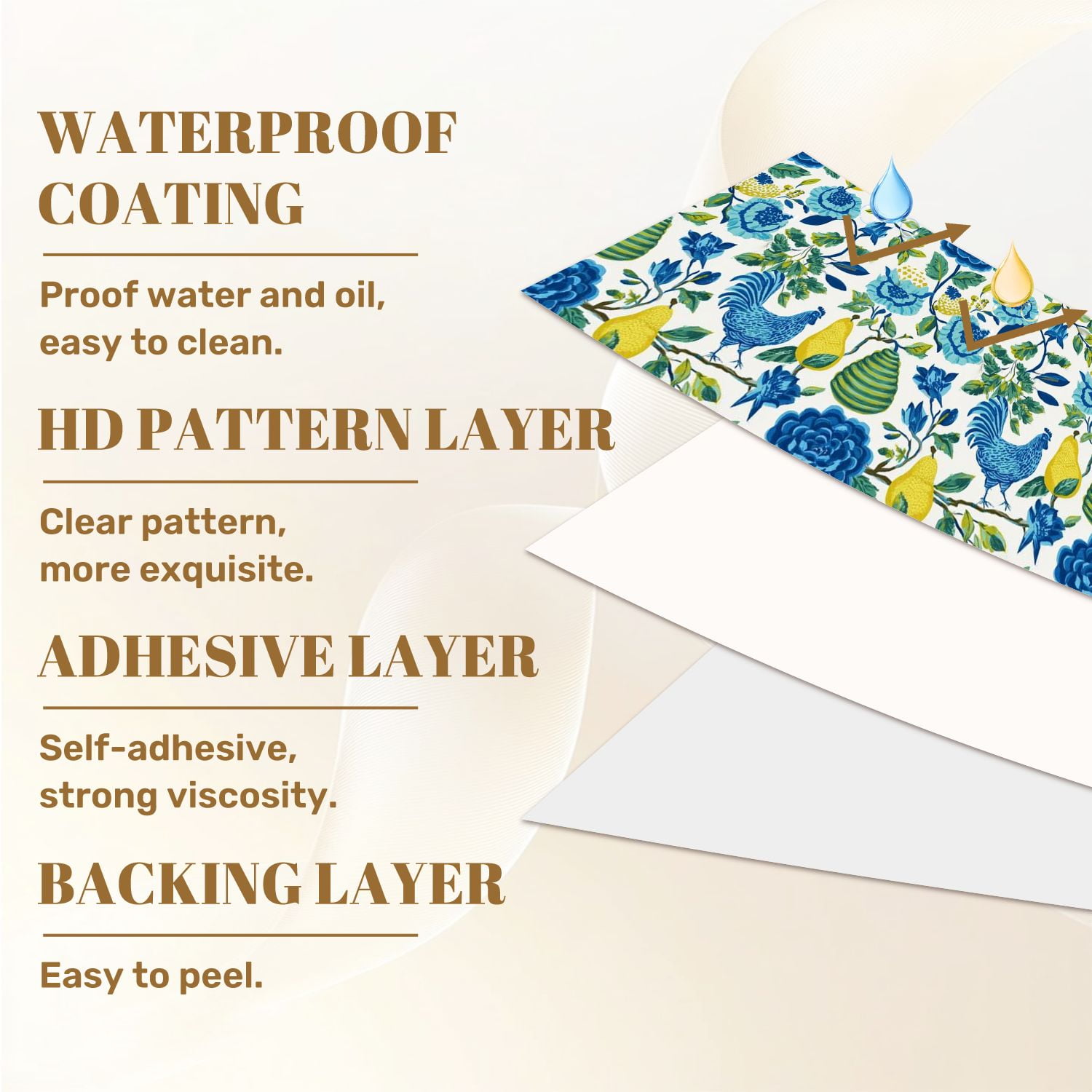 Farmhouse Peel and Stick Wallpaper 23.6in x 9.8ft Blue Yellow Floral Chicken Pears Flowers Contact Paper Vinyl Self-Adhesive Removable Wall Paper for Bedroom Kitchen Cabinet Renter Friendly