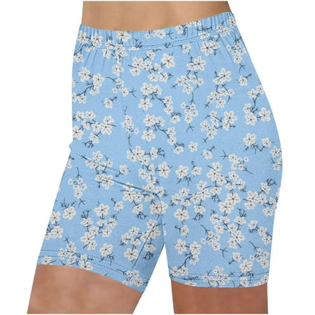 LbsKUS 2024 Fashion Boho Floral Printed Yoga Shorts for Womens Tummy Control Workout Shorts High Waisted Biker Shorts Summer Short Hot Pants Light Blue L