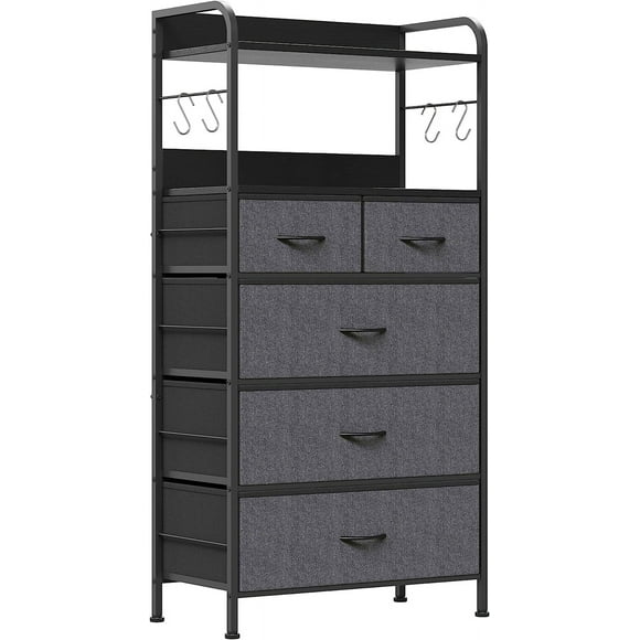 Dresser for Bedroom with 5 Drawers, Chest of Drawers with Shelf and Hooks, Tall Chest Organizer Unit for Living Room,Wide Chest of Drawers, Fabric Dresser Wooden Storage Rack, Grey