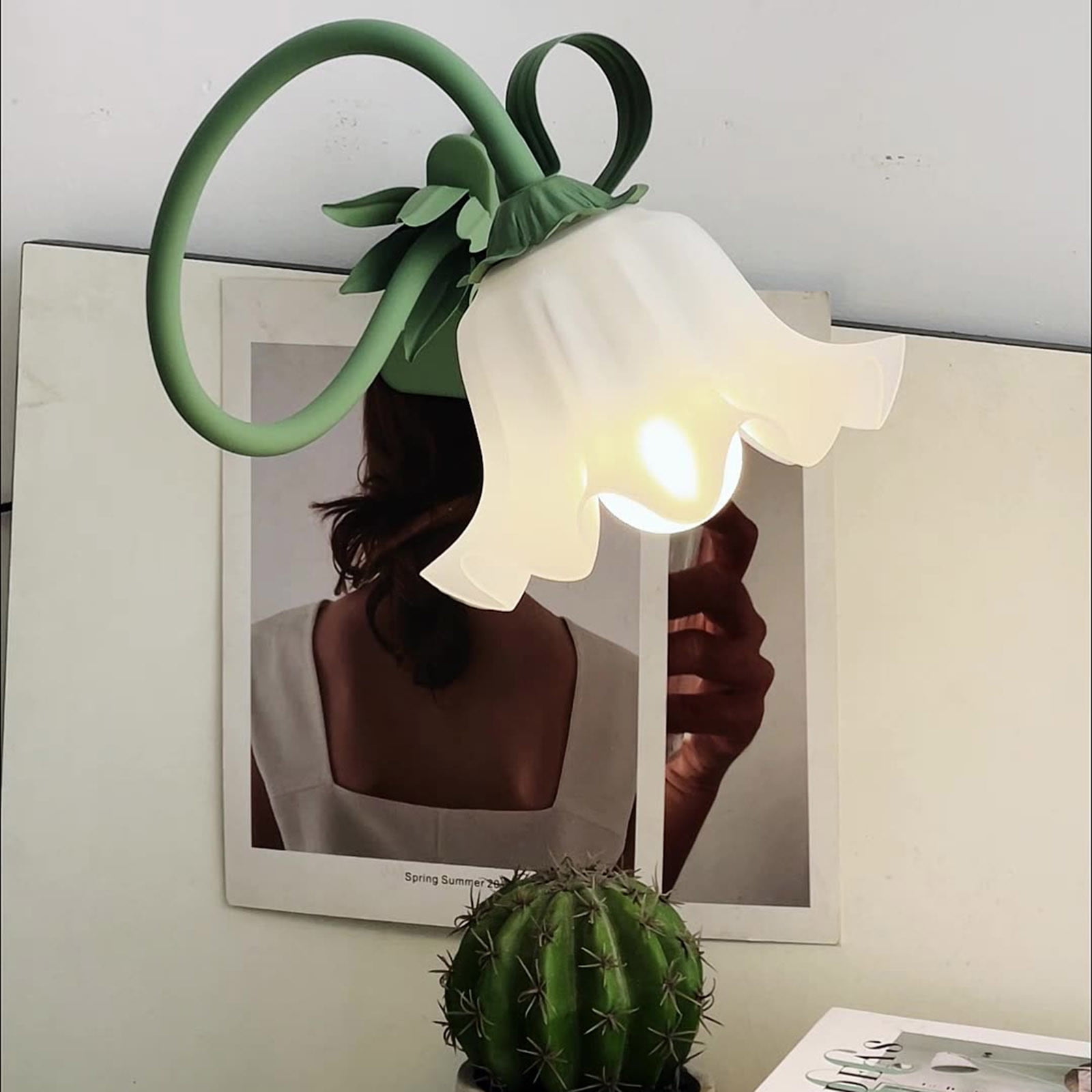 Flower Lamp with Clamp | 3 Color Modes LED Reading Light | Flexible Gooseneck Clip-On Desk Lamp | USB Rechargeable Valley Flower Night Light | Vintage Green | 42x11x19 cm | Home Office Bed Decor
