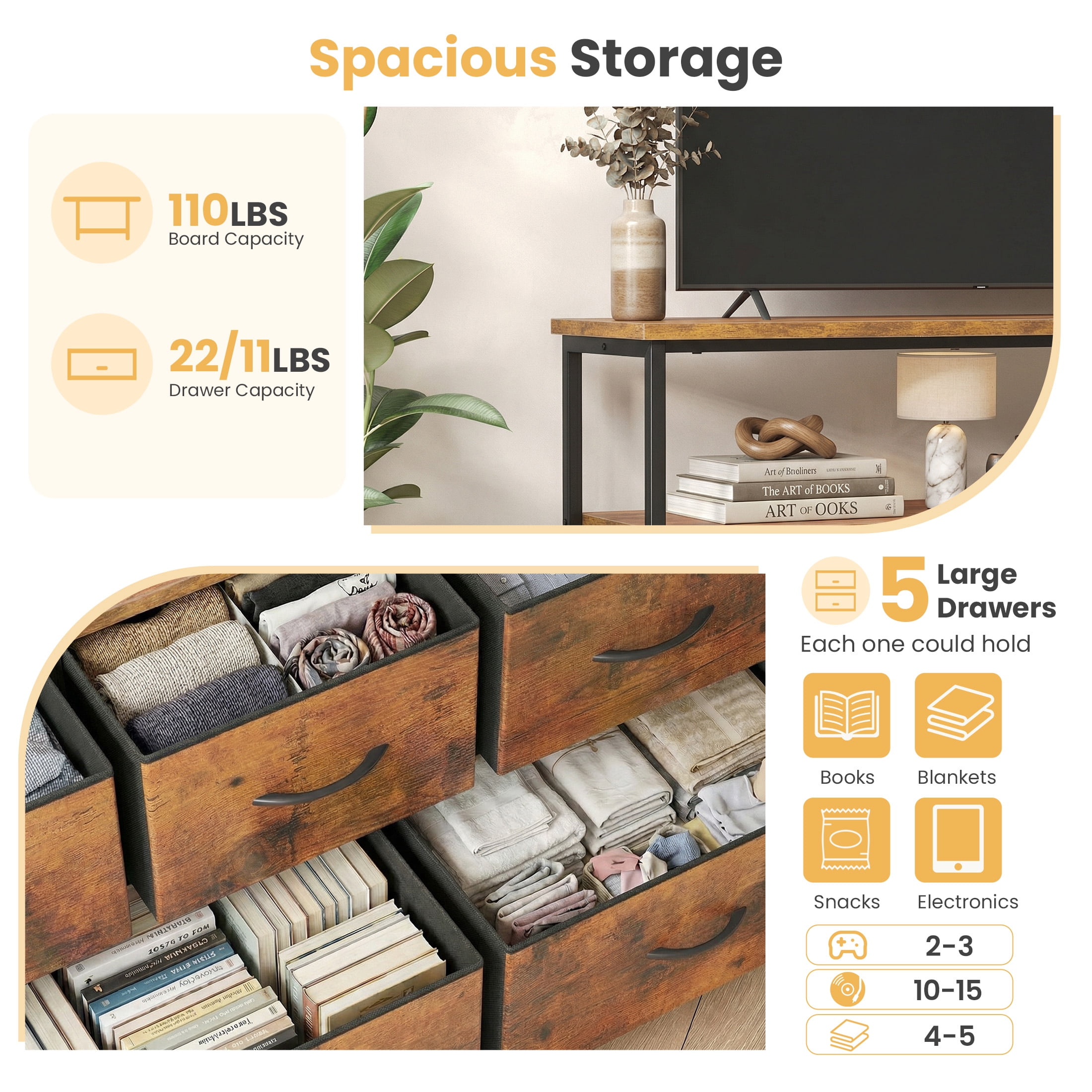 edx 5 Drawers TV Stand Dresser for 45" TV, Media Console with Charging Station & 2 Shelves, Storage Organizer for Bedroom Living Room, Rustic Brown