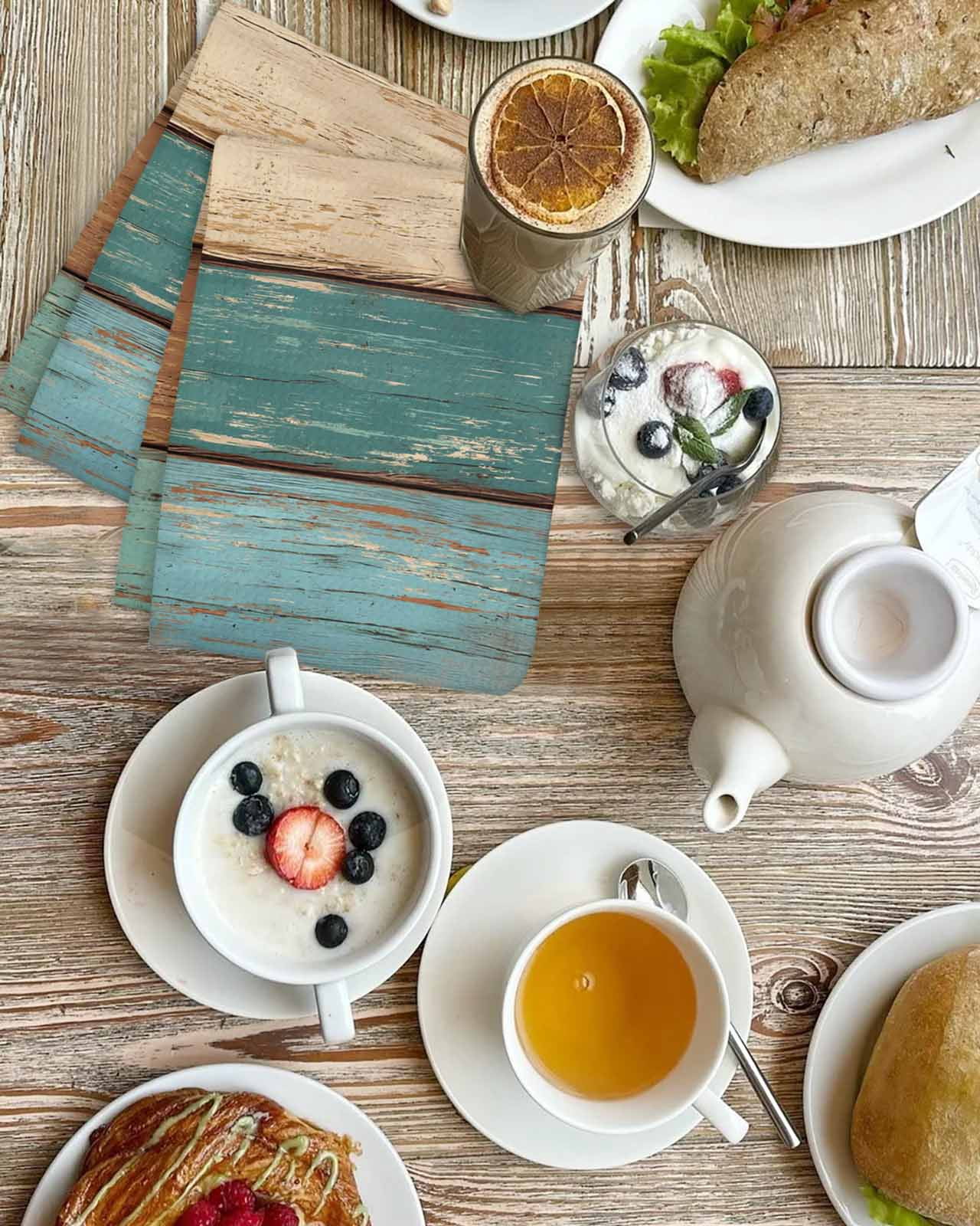 Farmhouse Teal Brown Hand Towels Set, Waffle Weave Kitchen Towels 2 Pieces, Vintage Retro Wooden Microfiber Hair Face Bath Tea Towel Absorbent Quick Drying Cleaning Dish Cloths 15.7"x23.6"