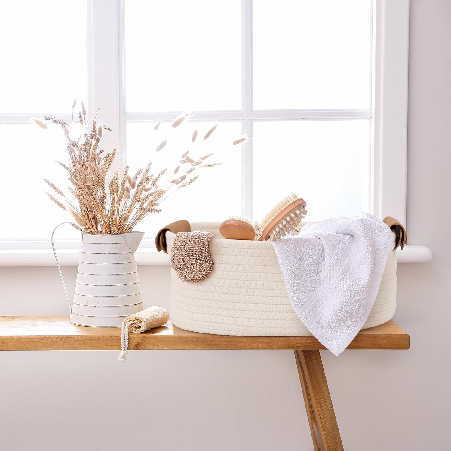5 Pack Storage Baskets Set , Natural Woven Cotton Rope Organizer Bins for Shelves, Closet, Bathroom , Foldable Home Decor Basket for Bedroom, Living Room , Farmhouse, Modern Style