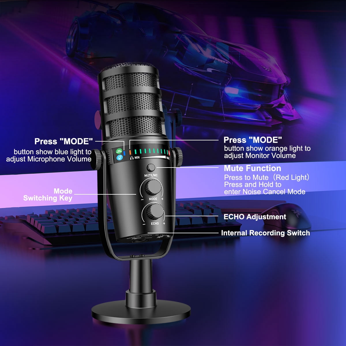 ZealSound Professional USB Condenser Microphone, Metal Reverb Noise Canceling, Headphone Output, Volume Control, Microphone Gain Control, Mute Button, for PC, Mac, Gaming PS 4&5