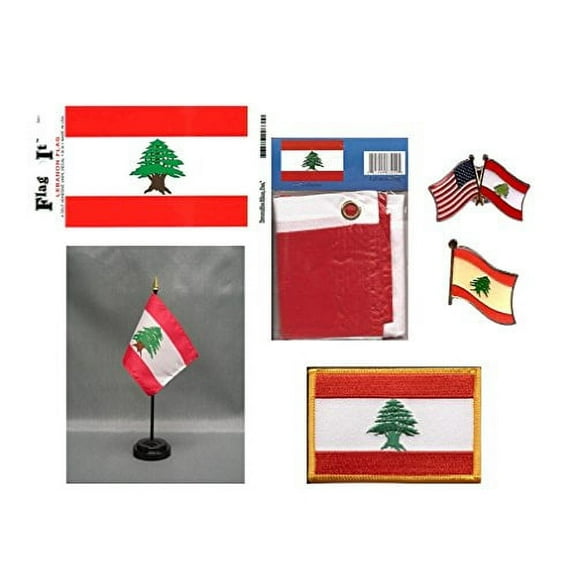 Lebanon Heritage Flag Pack - Includes a Lebanese 3x5' Flag, Vinyl Flag Decal, One Single & One Double Friendship Flag Lapel Pin, Miniature Desk Flag with Stand & One Iron-On Flag Patch