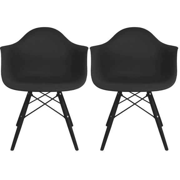 2xhome - Set of 2 (Two) Black - Plastic Armchair Black Wood Legs Eiffel Dining Room Chair - Lounge Chair Arm Chair Arms Chairs Seats Wire Leg Dowel Leg Legged Base Chrome Metal Eiffel Work
