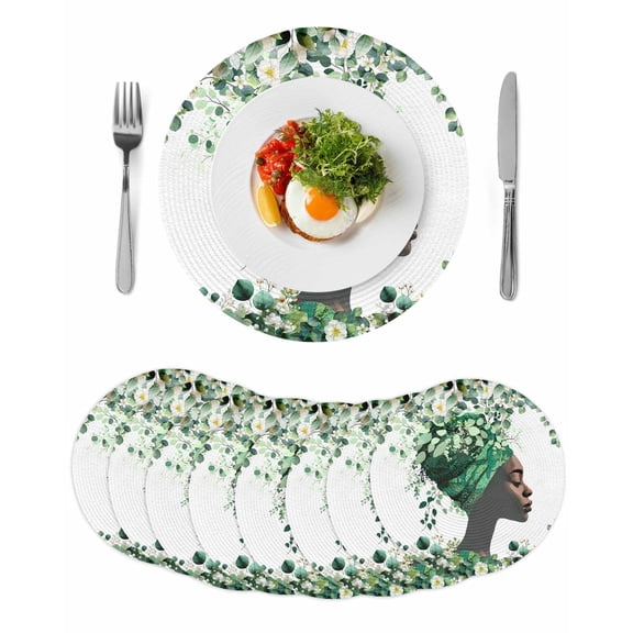 Sage Green Black Women Round 13 Inch Placemats Set of 8, Spring Eucalyptus Leaves HeatResistant Non Slip Place Mats for Dining Table, Wipeable Braided Kitchen Table Mats for Housewarming