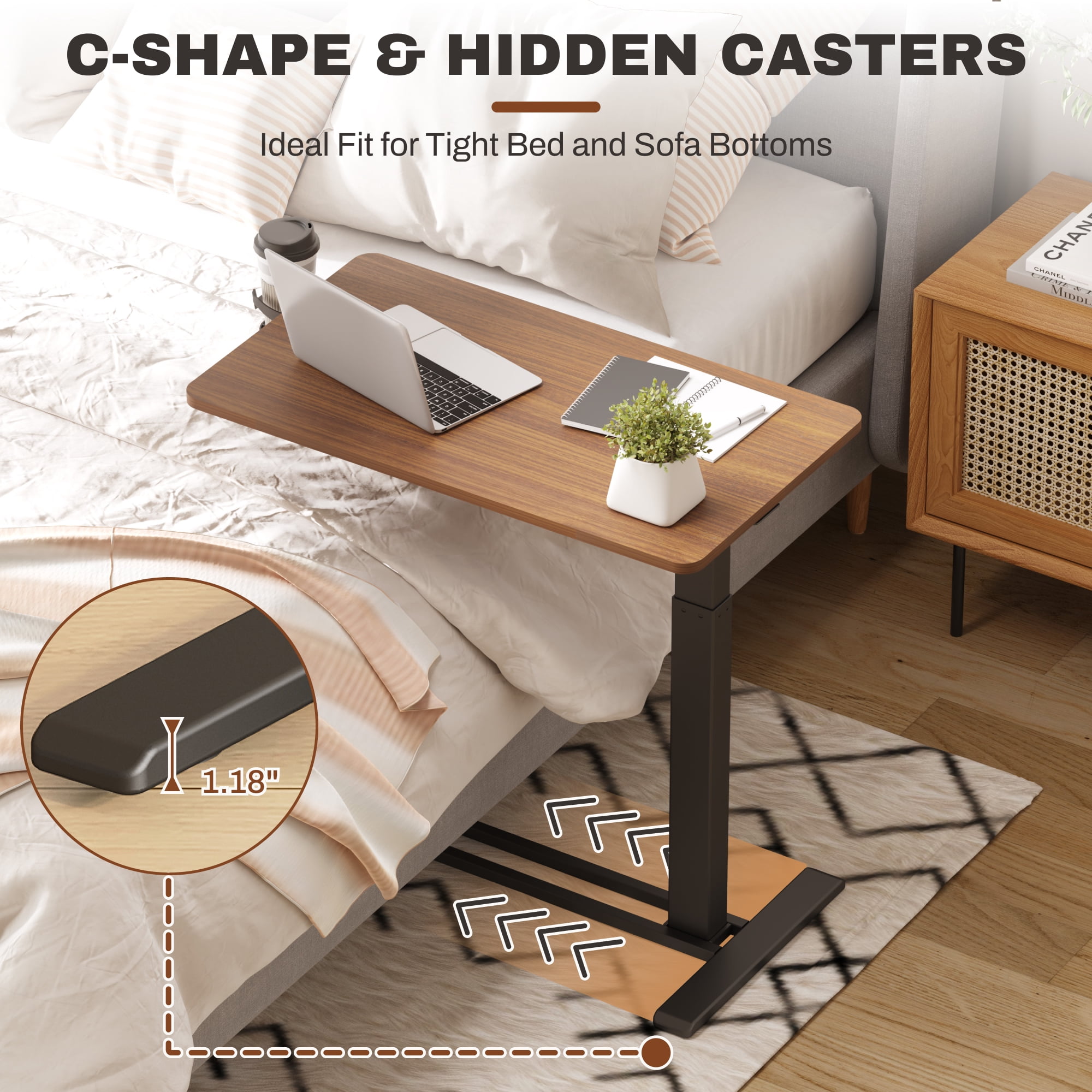 FitStand Adjustable Overbed Table with Wheels Laptop Table Standing Computer Desk Portable Stand-up Work Station Cart Tray Side Table for Sofa and Bed
