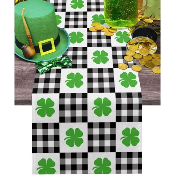 St Patricks Day Table Runner Dresser Scarves Green Shamrock Clover Cotton Linen Black White Buffalo Check Plaid Non-Slip Dinner Runners for Holiday Parties Decor 13x90in