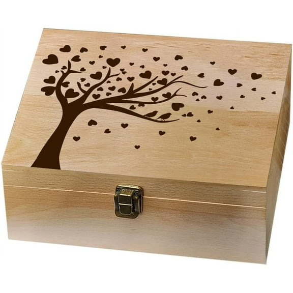 1 Pc Wooden Memory Keepsake Box Heart Tree Bird Box with Hinged Lid Love Theme Decorative Storage Box Stash Box for Photos Letters Anniversary Wedding 7.6x9.6x4inch(19.5x24.5x10.3cm) DIY