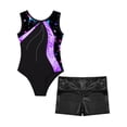 thumbnail image 3 of iixpin Kids Girls 2 Piece Gymnastics Outfits Sleeveless Printed Ballet Dance Leotard with Metallic Shorts Set Purple 6, 3 of 5