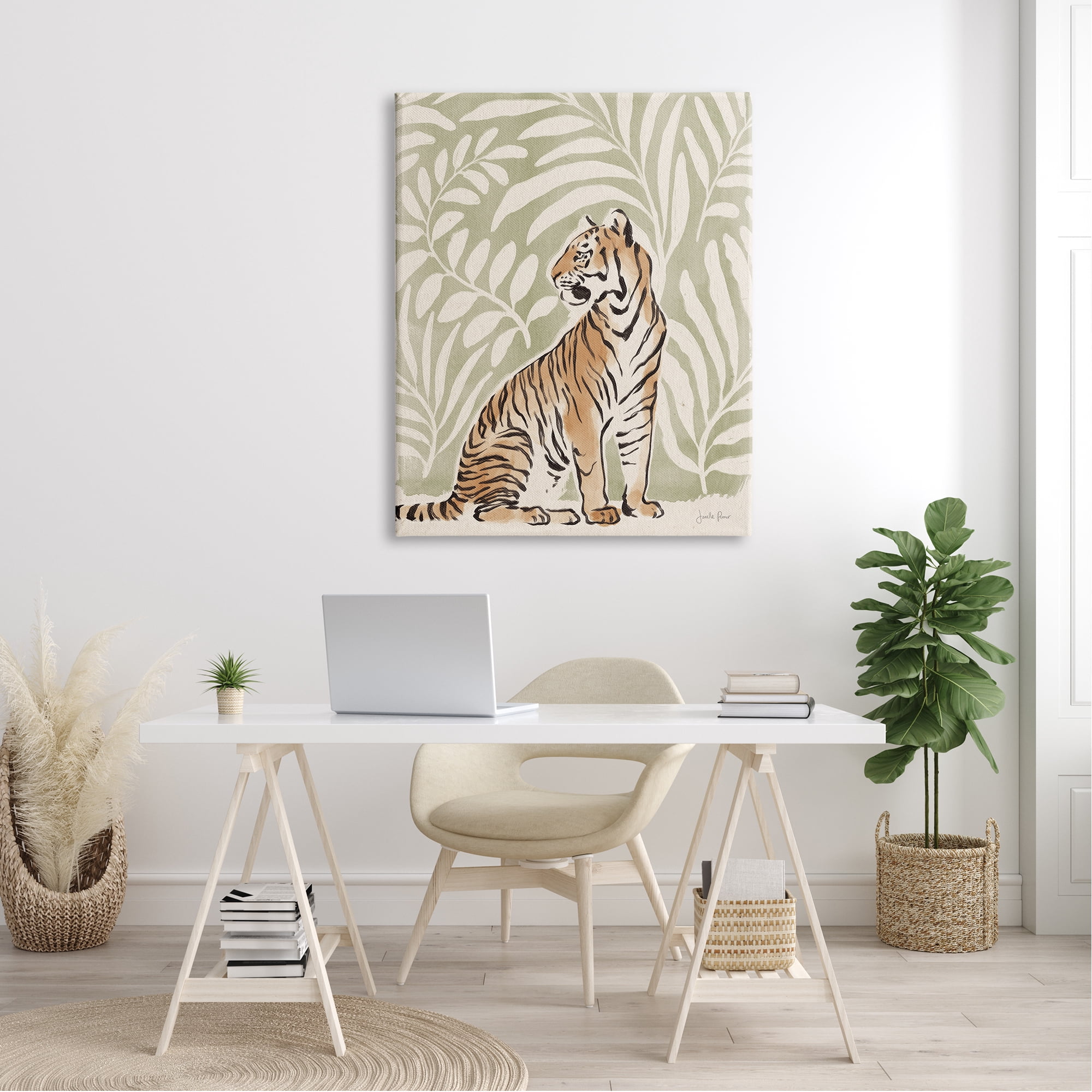 Stupell Industries Gallant Tiger Sitting Botanical Pattern Background Ink Watercolor Gallery-Wrapped Canvas Print Wall Art, 36x48, by Janelle Penner