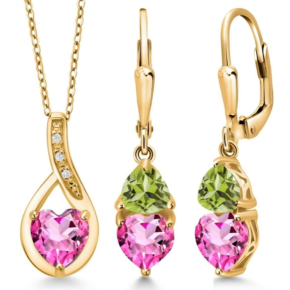 Gem Stone King 18K Yellow Gold Plated Silver Pink Mystic Topaz and Green Peridot Pendant Earrings Set for Women (4.16 Cttw, Gemstone Birthstone, with 18 inch Chain)