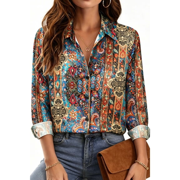 Fantaslook Womens Button Down Shirts Boho Floral Printed Long Sleeve Blouses Business Work Shirt Dressy Casual Loose Tops