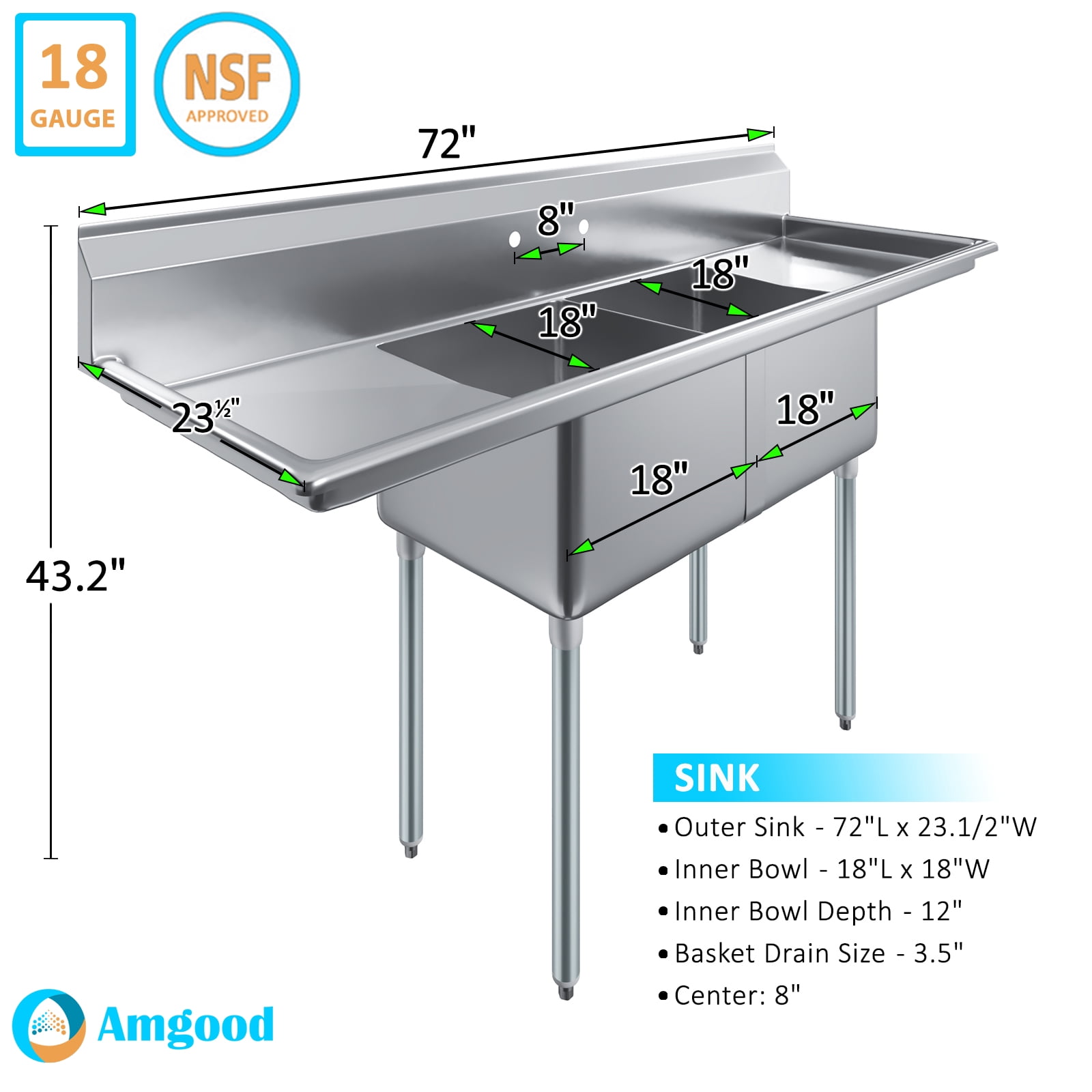 18″ x 18″ x 12″ with 18″ Left and Right Drainboards Two Compartment Stainless Steel Commercial Kitchen Prep & Utility Sink | NSF