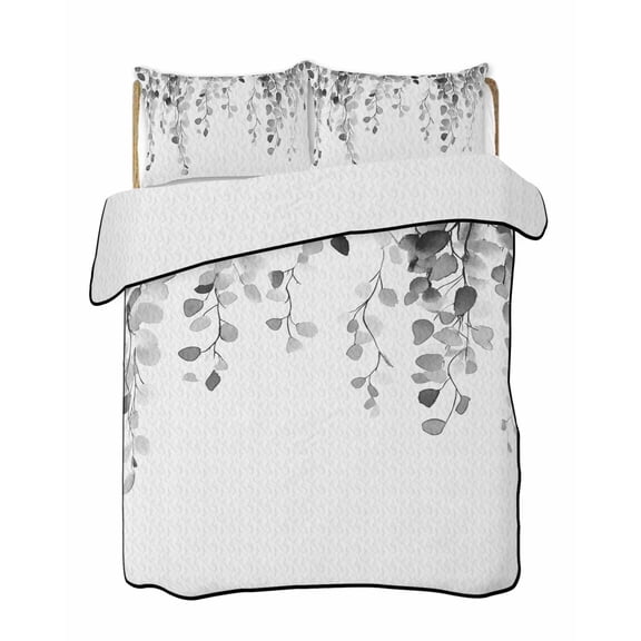 Grey Eucalyptus Leaves Summer Quilt Set King Size,Soft Quilted Bedding Set with 2 Pillow Shams,Weeping Spring Botanical Summer Lightweight All Season Bedspread Coverlet for Bedroom 96"x106"