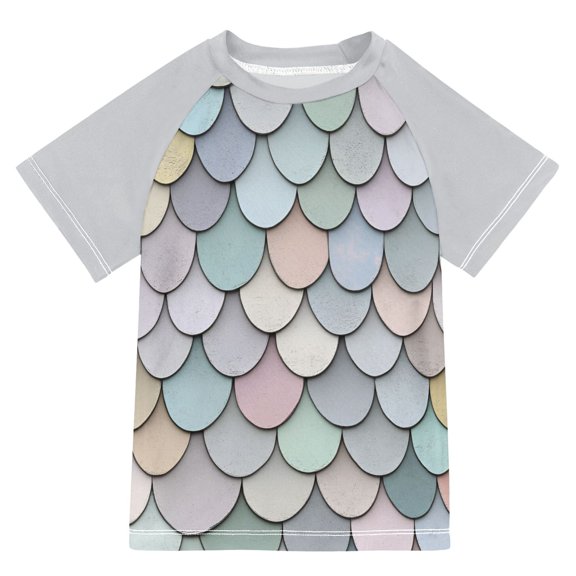 FORMRS Boys Rash Guard with Short Sleeves UPF 50 Swim Shirts Sizes 3-12T, Light Blue Shimmering Pattern