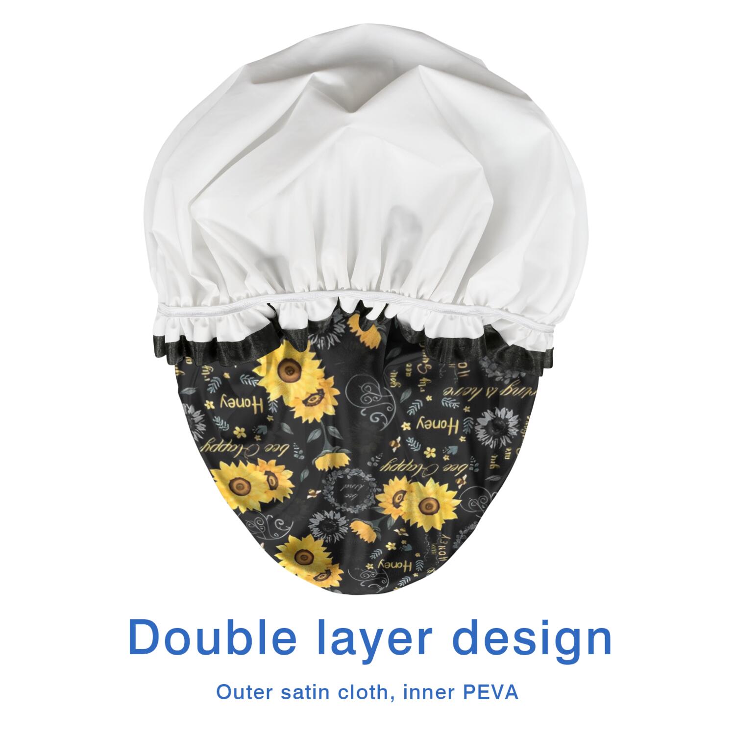 Shower Caps,Black Sunflower Word Pattern Waterproof Shower Cap for Women 4 Pieces,Double Reusable Hair Cover for Shower PEVA Elastic Stretch Hem