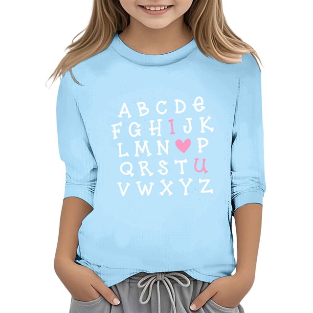 Sunnyoo T-Shirt Col Rond Manches 3/4 pour Grandes Filles, Imprimé Lettres, T-Shirt Décontracté, Tailles 3-14