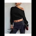 thumbnail image 4 of Suéter Corto de Larga con Hombros Descubiertos para Mujer, Moderno Jersey de Punto Acanalado Suave con Cuello . Negro M, 4 of 10