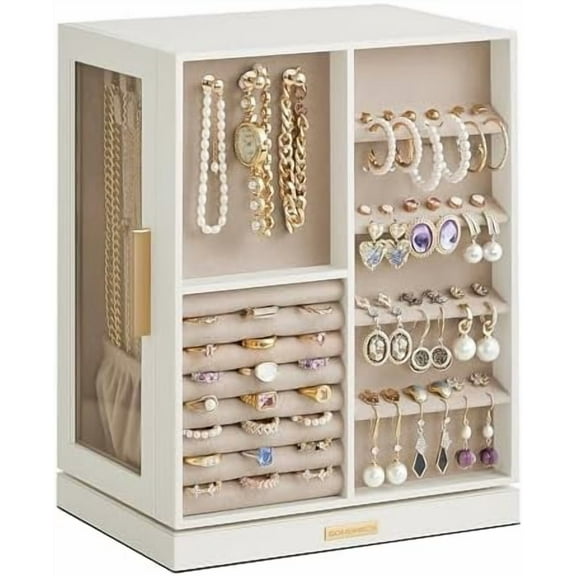 Jewelry Box 360° Rotating, Jewelry Storage Case with 5 Drawers, Jewelry Organizer, Glass Window, Spacious, Vertical Jewelry Storage, Open Design, Great Gift, Cloud White UJBC170W01