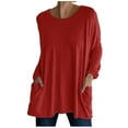 thumbnail image 1 of Simua Chandails Décontractés pour Femmes à Manches Longues, Col Rond, avec Poche, T-Shirts, Chemisiers, Tunique, Hauts de Type Chandail en Molleton avec Poche Rouge, TTG, 1 of 4