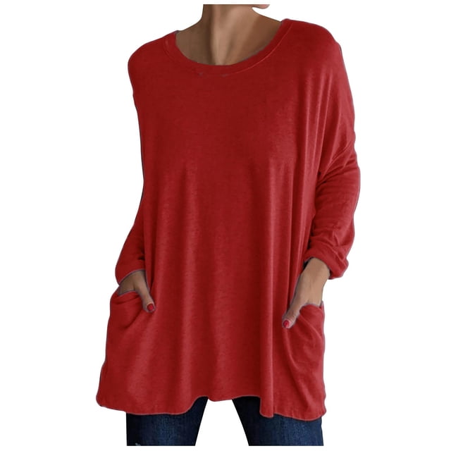 Simua Chandails Décontractés pour Femmes à Manches Longues, Col Rond, avec Poche, T-Shirts, Chemisiers, Tunique, Hauts de Type Chandail en Molleton avec Poche Rouge, G