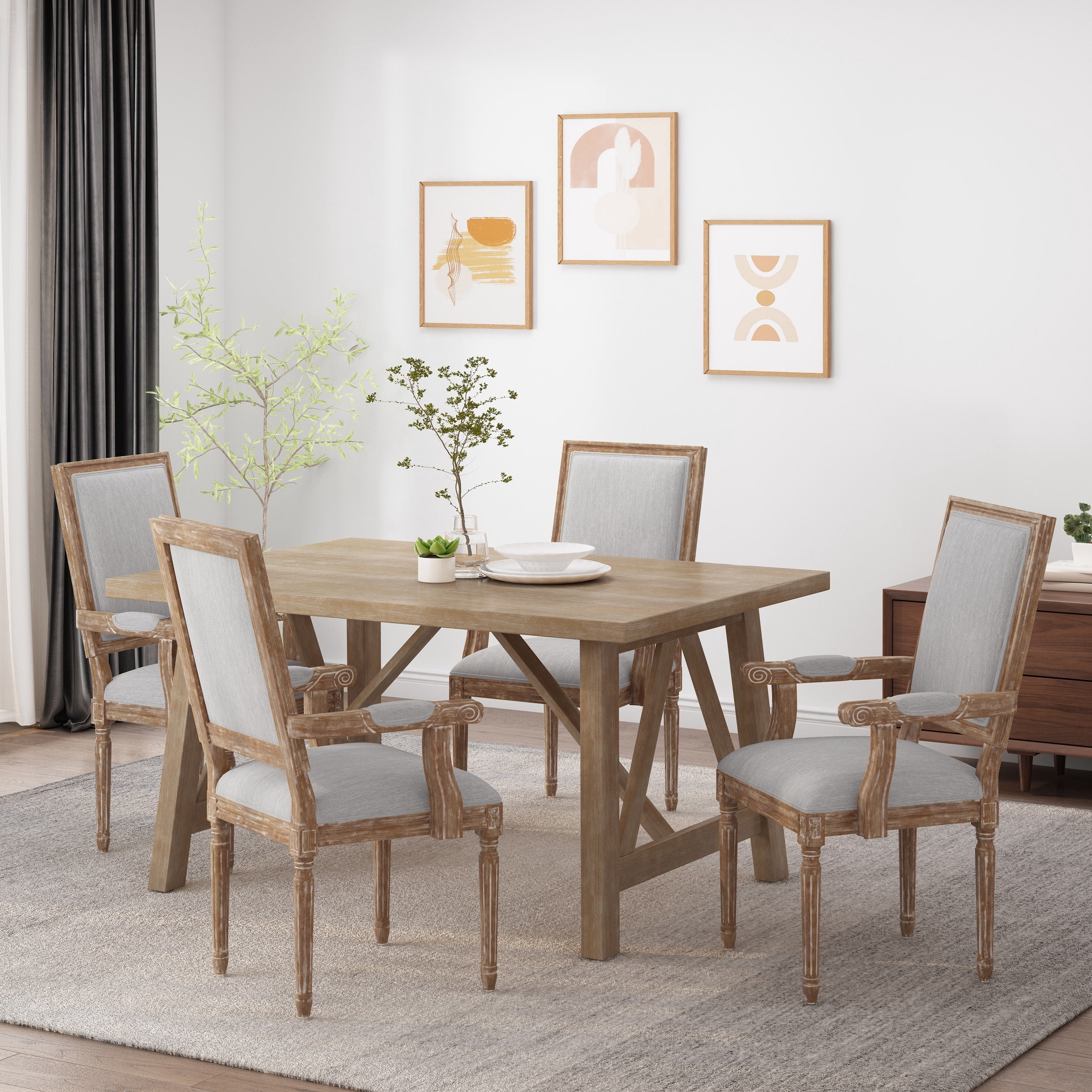 Noble House Aisenbrey French Fabric Dining Chair, Set of 4, Light Gray