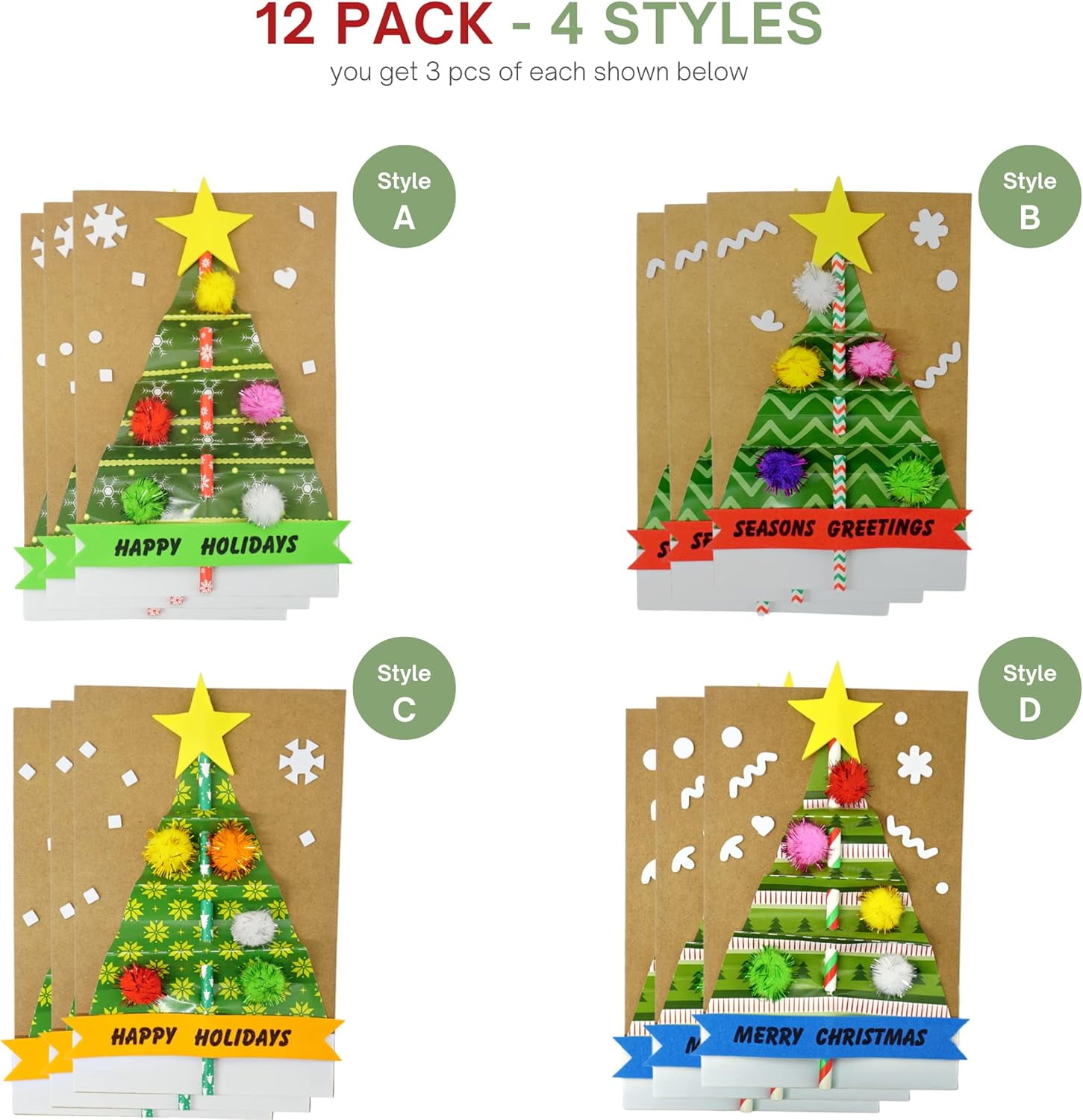 4E's Novelty 12 Pack 2024 Christmas Card Making Craft Kit for Kids & Adults - Individually Wrapped Holiday DIY Handmade Greeting Cards with Envelopes