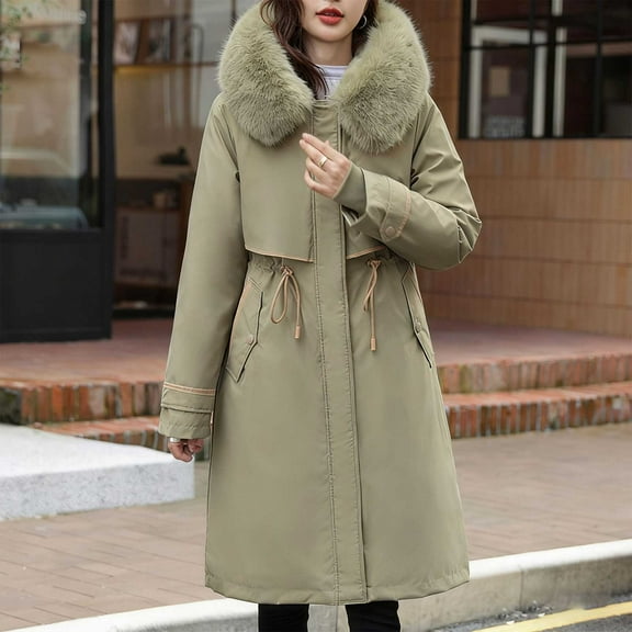Gamivast Winter Jackets for Women Hooded Long Parka Zip up Faux Fur Collar Coat with Pockets Casual Outdoor Drawstring Waist Coats Winter Fashion Button Down Long Sleeve Outerwear