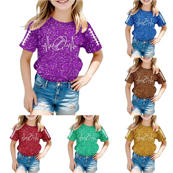 HCYSFG Girls Football T Shirts Heartbeat Graphic Glitter Print Crewneck Short Sleeve Match Day Graphic Tees Casual Sports Tops
